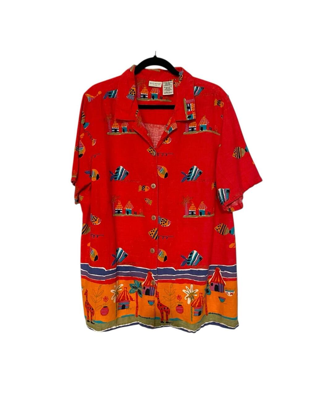 Vintage White Stag Linen Blend Tropical Fish Shirt Women 18W Fits 14/16